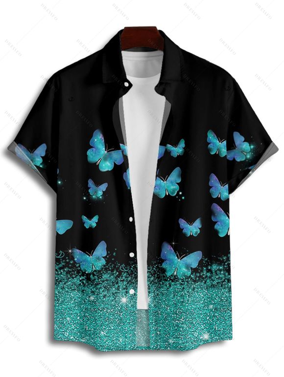 Shiny Butterfly Print Lace Up Half Zipper Mini Dress And Short Sleeve Shirt Matching Outfit - Noir S | US 4
