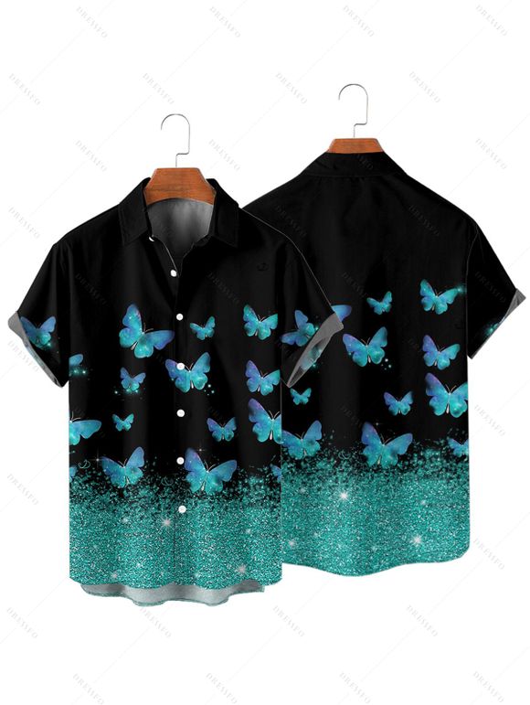 Shiny Butterfly Print Lace Up Half Zipper Mini Dress And Short Sleeve Shirt Matching Outfit - Noir S | US 4