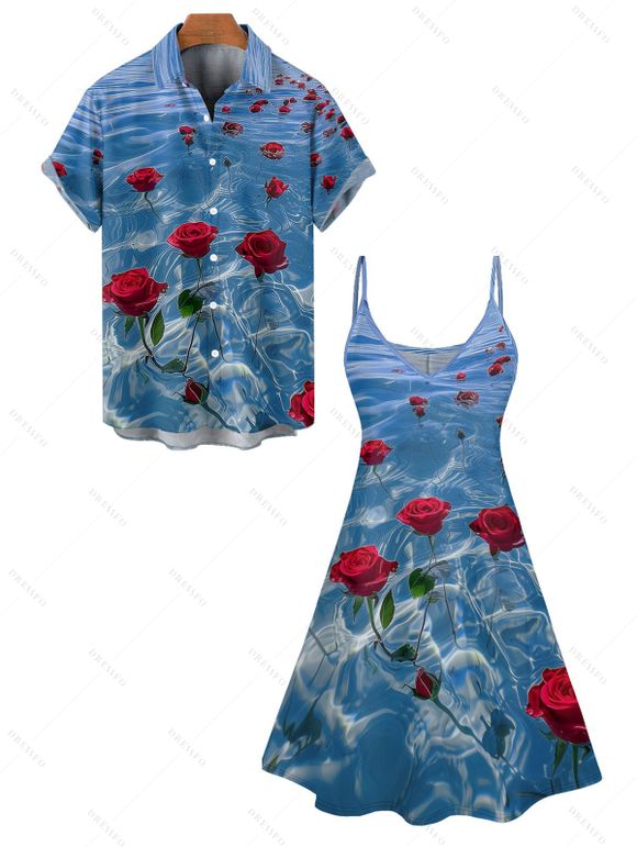 Vacation Rose Ocean Print Spaghetti Strap V Neck Mini Dress And Short Sleeve Shirt Matching Outfit - Bleu gris S | US 4