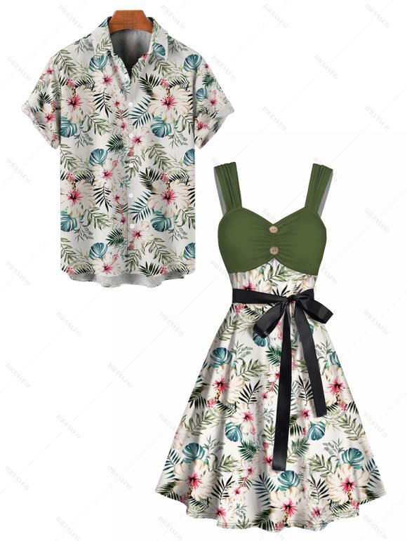 Tropical Flower Leaf Print Colorblock Belted Mini Dress And Short Sleeve Shirt Vacation Outfit - Vert clair S | US 4