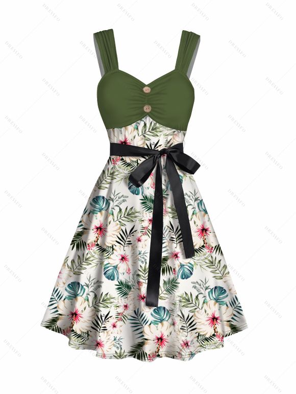 Tropical Flower Leaf Print Colorblock Belted Mini Dress And Short Sleeve Shirt Vacation Outfit - Vert clair S | US 4
