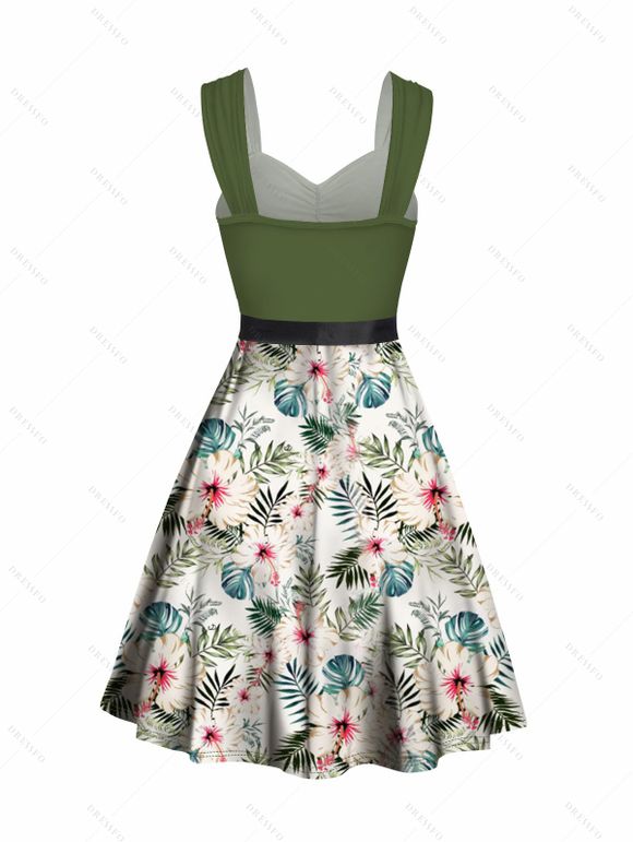 Tropical Flower Leaf Print Colorblock Belted Mini Dress And Short Sleeve Shirt Vacation Outfit - Vert clair S | US 4