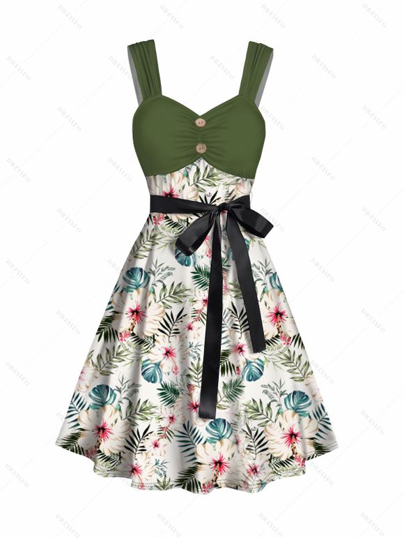 Mini Robe de Vacances Ceinturée Fleur Tropicale Imprimée en Blocs de Couleurs à Volants - Vert clair XXXL | US 14