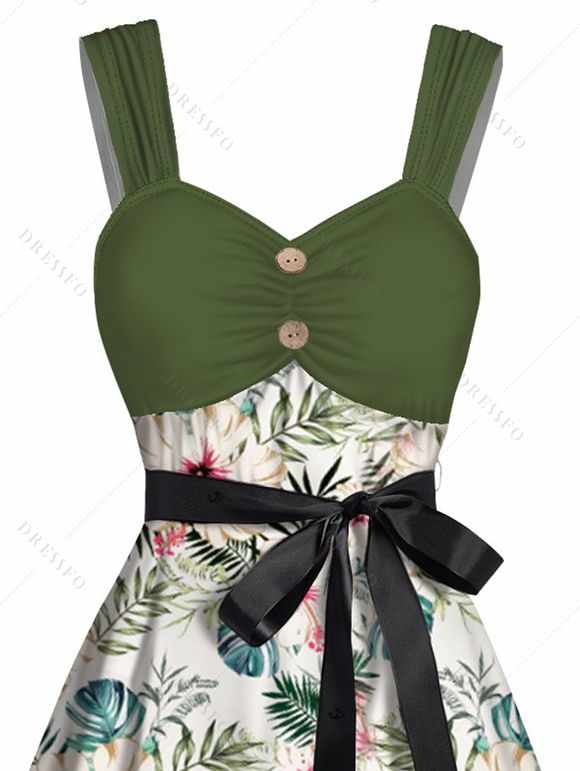Mini Robe de Vacances Ceinturée Fleur Tropicale Imprimée en Blocs de Couleurs à Volants - Vert clair L | US 8