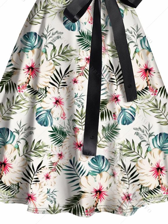 Mini Robe de Vacances Ceinturée Fleur Tropicale Imprimée en Blocs de Couleurs à Volants - Vert clair L | US 8