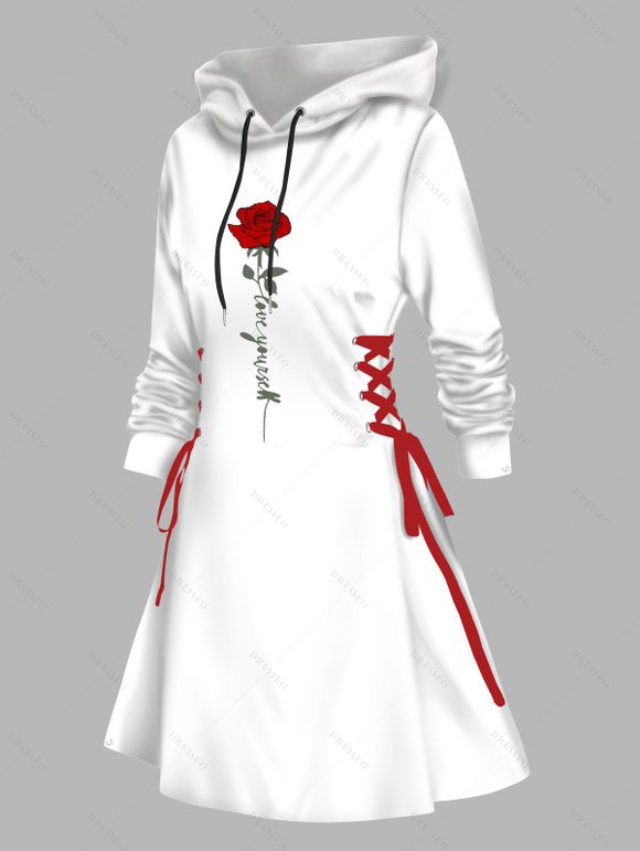 Mini-Robe à Capuche avec Lacets et à Imprimé Roses pour Saint-Valentin - Blanc XXL | US 14