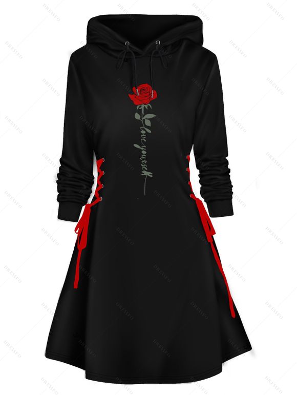 Mini-Robe à Capuche avec Lacets et à Imprimé Roses pour Saint-Valentin - Noir M | US 6