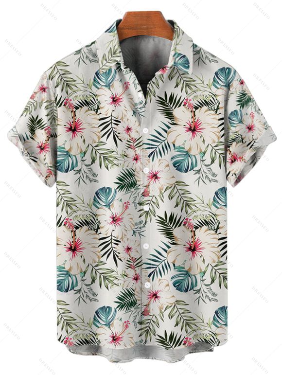 Chemise de Vacances Fleur Feuille Tropicale Imprimée Boutonnée à Manches Courtes - Vert clair S