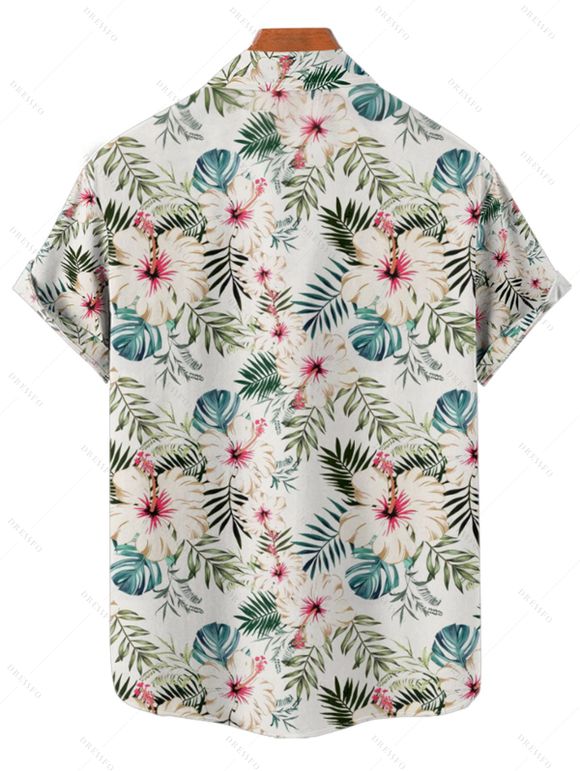 Chemise de Vacances Fleur Feuille Tropicale Imprimée Boutonnée à Manches Courtes - Vert clair L