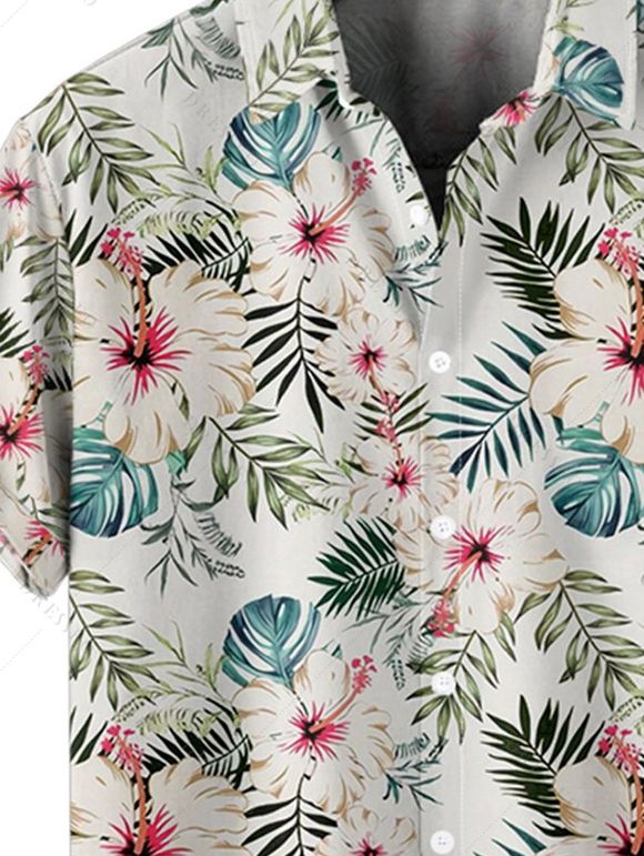 Chemise de Vacances Fleur Feuille Tropicale Imprimée Boutonnée à Manches Courtes - Vert clair L