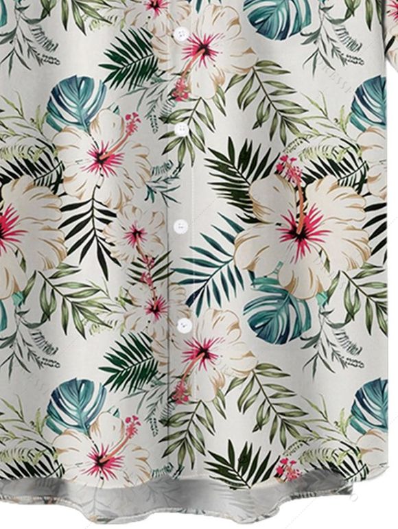 Chemise de Vacances Fleur Feuille Tropicale Imprimée Boutonnée à Manches Courtes - Vert clair L