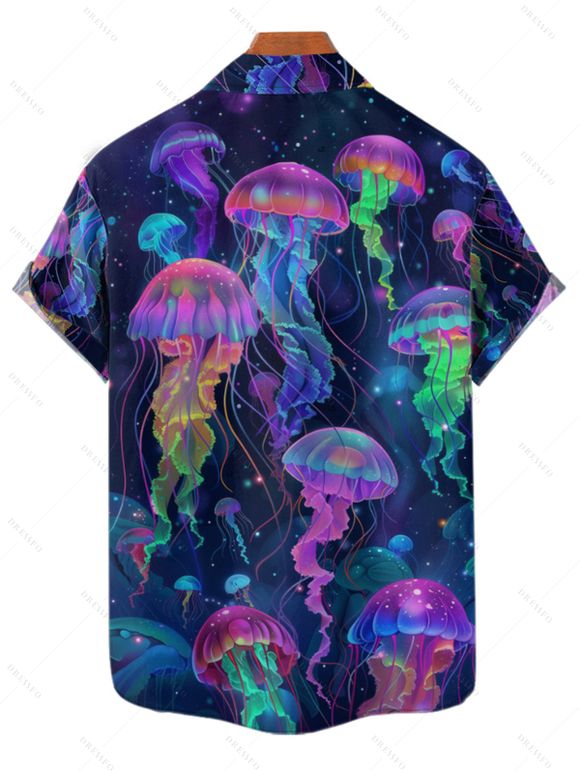 Chemise de Vacances Boutonnée Méduse Imprimée à Manches Courtes - Bleu de Minuit L