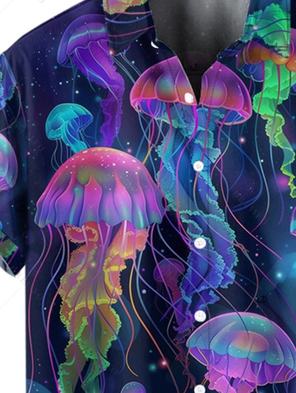 Chemise de Vacances Boutonnée Méduse Imprimée à Manches Courtes - Bleu de Minuit L