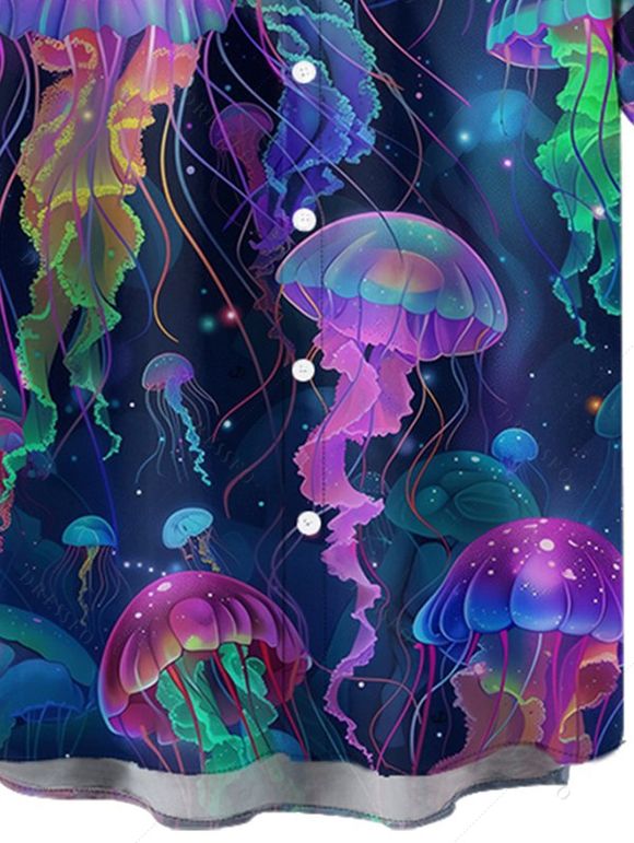 Chemise de Vacances Boutonnée Méduse Imprimée à Manches Courtes - Bleu de Minuit L