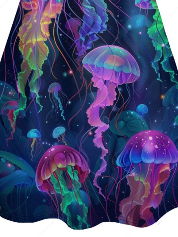 Mini Robe Ligne A à Bretelle Fine Méduse Imprimée à Col V - Bleu de Minuit S | US 4