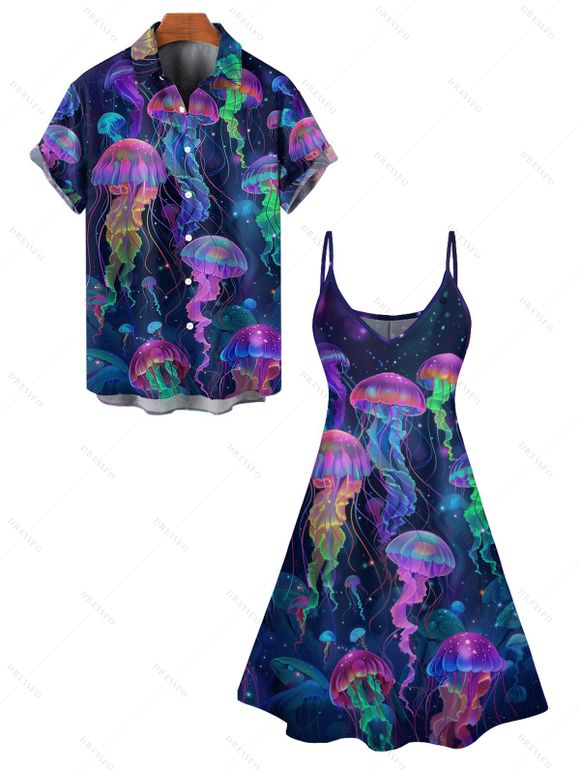 Vacation Psychedelic Jellyfish Print V Neck A Line Dress And Short Sleeve Shirt Matching Outfit - Bleu de Minuit S | US 4