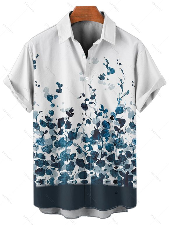 Chemise Boutonnée Peinture Feuille et Fleur Imprimées à Manches Courtes - Bleu de Minuit S