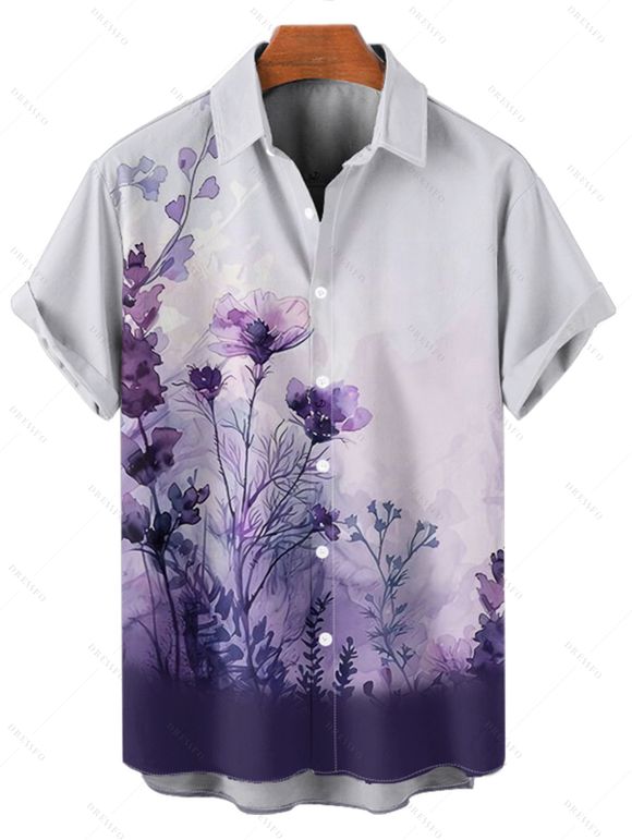 Chemise Boutonnée Peinture Feuille et Fleur Imprimées à Manches Courtes - Concorde S