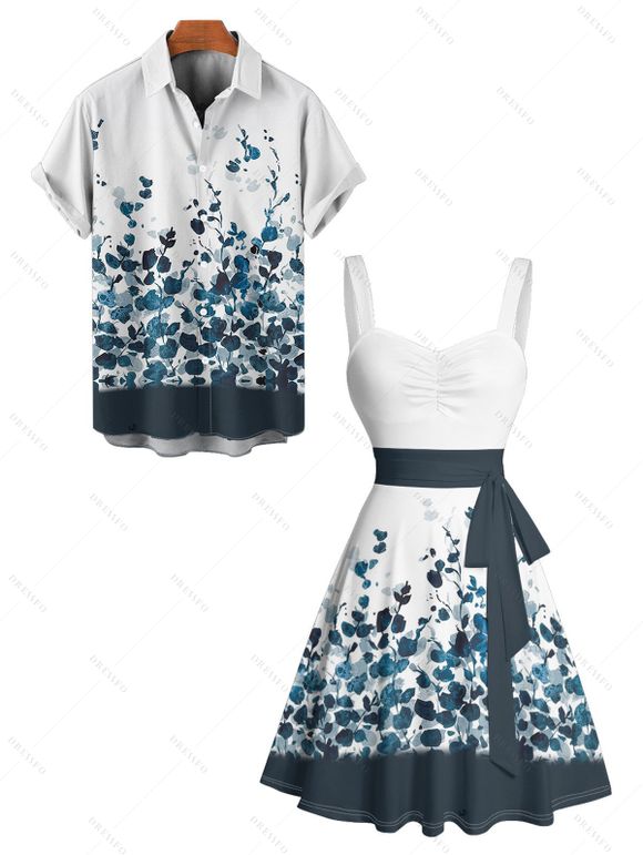 Ombre Leaf Painting Print Ruched Bust Belted Mini Dress And Shirt Vacation Outfit - Bleu de Minuit S | US 4