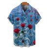 Chemise Boutonnée Rose Océan Imprimée Manches Courtes à Col Relevé - Bleu gris 4XL