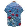 Chemise Boutonnée Rose Océan Imprimée Manches Courtes à Col Relevé - Bleu gris 4XL