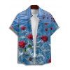 Chemise Boutonnée Rose Océan Imprimée Manches Courtes à Col Relevé - Bleu gris 4XL