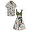 Tropical Flower Leaf Print Colorblock Belted Mini Dress And Short Sleeve Shirt Vacation Outfit - Vert clair S | US 4