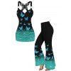 Shiny Butterfly Print Lace Insert Surplice Neck Ruched Tank Top And Flare Pants Matching Outfit - Noir S | US 4