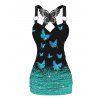 Shiny Butterfly Print Lace Insert Surplice Neck Ruched Tank Top And Flare Pants Matching Outfit - Noir S | US 4