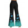 Shiny Butterfly Print Lace Insert Surplice Neck Ruched Tank Top And Flare Pants Matching Outfit - Noir S | US 4