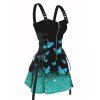 Shiny Butterfly Print Lace Up Half Zipper Mini Dress And Short Sleeve Shirt Matching Outfit - Noir S | US 4