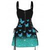 Shiny Butterfly Print Lace Up Half Zipper Mini Dress And Short Sleeve Shirt Matching Outfit - Noir S | US 4