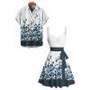 Ombre Leaf Painting Print Ruched Bust Belted Mini Dress And Shirt Vacation Outfit - Bleu de Minuit S | US 4