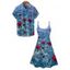 Vacation Rose Ocean Print Spaghetti Strap V Neck Mini Dress And Short Sleeve Shirt Matching Outfit - Bleu gris S | US 4