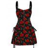 Allover Rose Print Half Zipper Lace Up Valentine's Day Dress And Short Sleeve Shirt Matching Outfit - Noir S | US 4