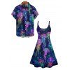 Vacation Psychedelic Jellyfish Print V Neck A Line Dress And Short Sleeve Shirt Matching Outfit - Bleu de Minuit S | US 4