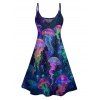 Vacation Psychedelic Jellyfish Print V Neck A Line Dress And Short Sleeve Shirt Matching Outfit - Bleu de Minuit S | US 4