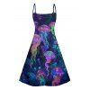 Vacation Psychedelic Jellyfish Print V Neck A Line Dress And Short Sleeve Shirt Matching Outfit - Bleu de Minuit S | US 4