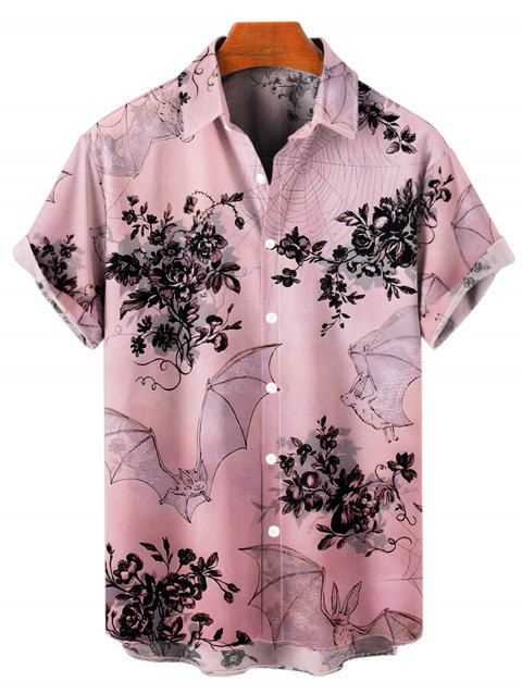 Men's Bat Print Roll Up Sleeve Shirt Button Up Short Sleeve Casual Shirt