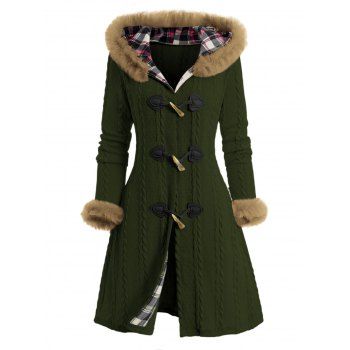 Cable Knit Plaid Faux Fur Panel Hooded Coat Horn Button Long Knitted Coat 
