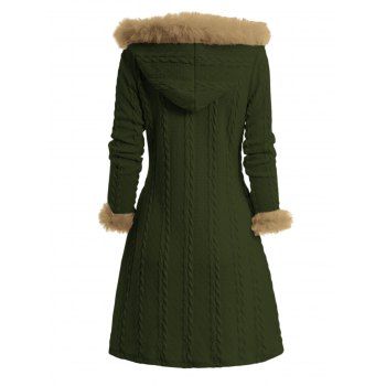 Cable Knit Plaid Faux Fur Panel Hooded Coat Horn Button Long Knitted Coat 