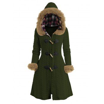 Cable Knit Plaid Faux Fur Panel Hooded Coat Horn Button Long Knitted Coat 