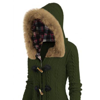 Cable Knit Plaid Faux Fur Panel Hooded Coat Horn Button Long Knitted Coat 