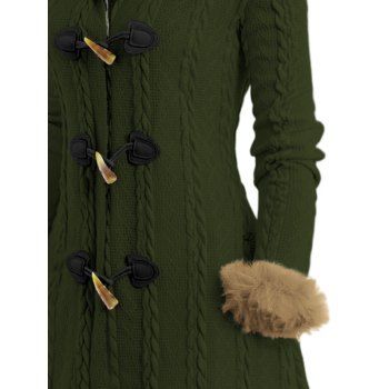 Cable Knit Plaid Faux Fur Panel Hooded Coat Horn Button Long Knitted Coat