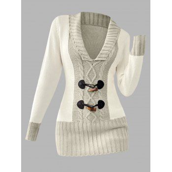 Contrast Color Mock Horn Button Plunge Neck Casual Sweater 