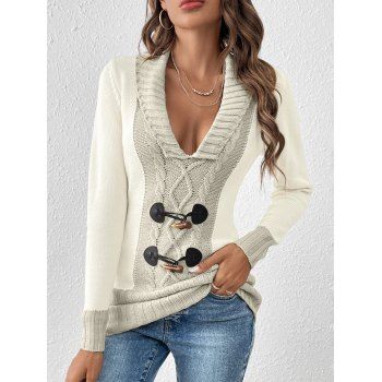 Contrast Color Mock Horn Button Plunge Neck Casual Sweater 