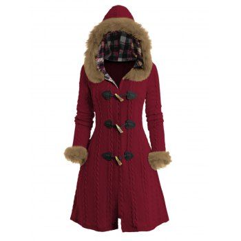 Cable Knit Plaid Faux Fur Panel Hooded Coat Horn Button Long Knitted Coat 