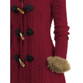 Cable Knit Plaid Faux Fur Panel Hooded Coat Horn Button Long Knitted Coat
