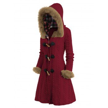 Cable Knit Plaid Faux Fur Panel Hooded Coat Horn Button Long Knitted Coat 