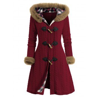 Cable Knit Plaid Faux Fur Panel Hooded Coat Horn Button Long Knitted Coat 
